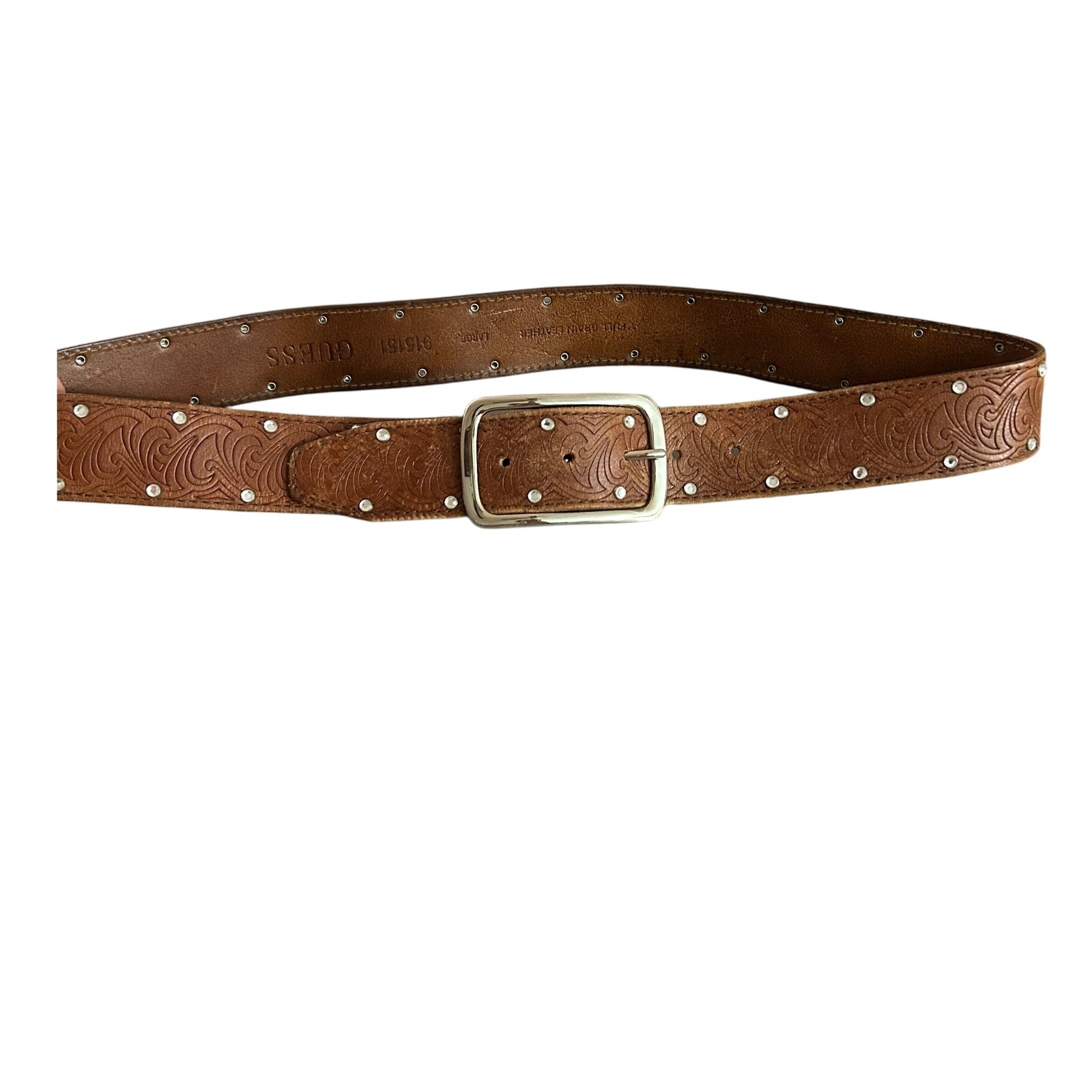 Guess Brown Full Grain Leather Studded Embossed Western Belt Size Large